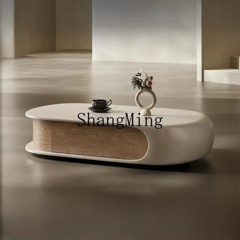 

ZYY light luxury solid wood oval coffee table antique living room small apartment creative storage cabinet