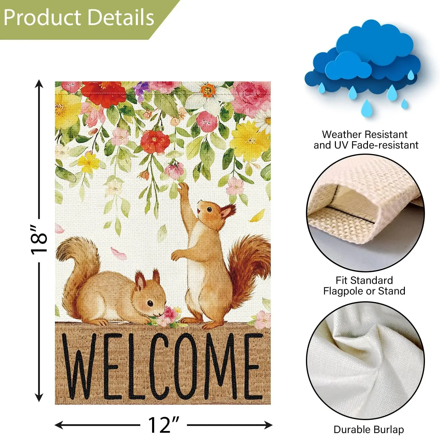 Louise Maelys Spring Summer Welcome Garden Flag Squirrel Floral Double Sided 12x18 Inch Seasonal Welcome Small Burlap Holida MMZ