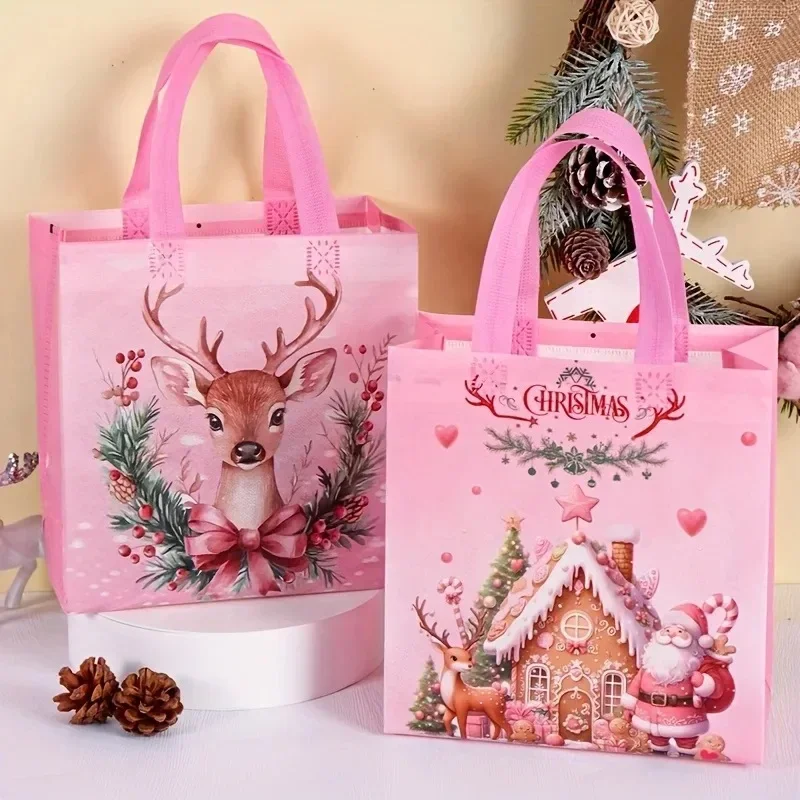 4/8pcs Pink Christmas Tote Bags with Handles,Santa Claus Elk Bell Pattern Reusable Gift Bag,Grocery Shopping Bag,Pink packaging