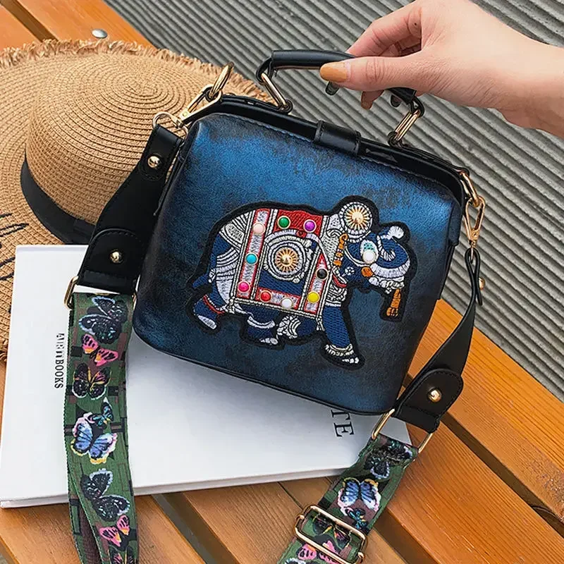 Bolso de mano de cuero para mujer, bandolera de diseñador, de lujo, con bordado de elefante, a la moda