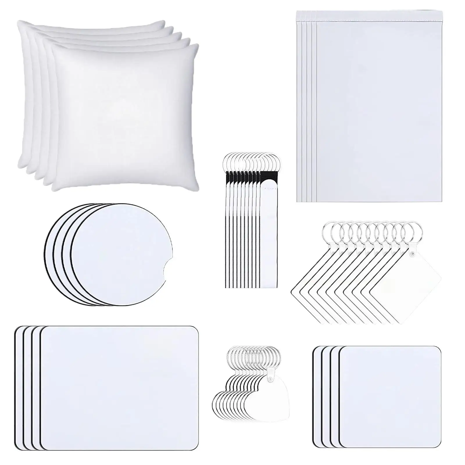 DIY Sublimation Crafts Kit: 52-Piece Set for Custom Wrist Straps, Mouse Pads, Pillow Covers, Coasters, and Keychains