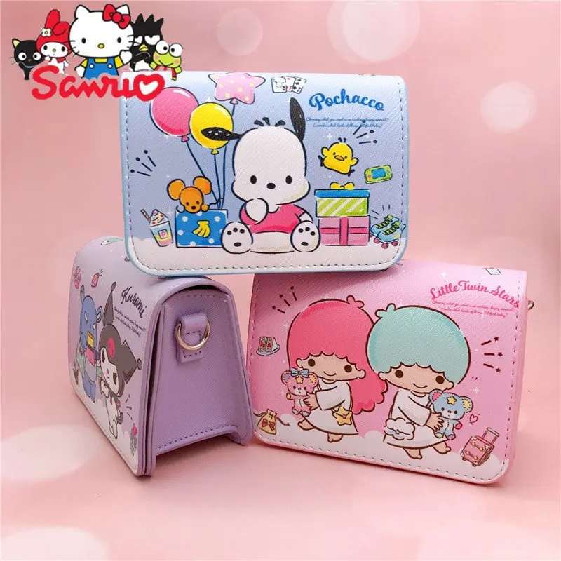 

MINISO Melody Kuromi PU Shoulder Bags Hello Kitty Pochacco Cartoon Magnetic Clasp Adjustable Shoulder Strap Small Square Bags