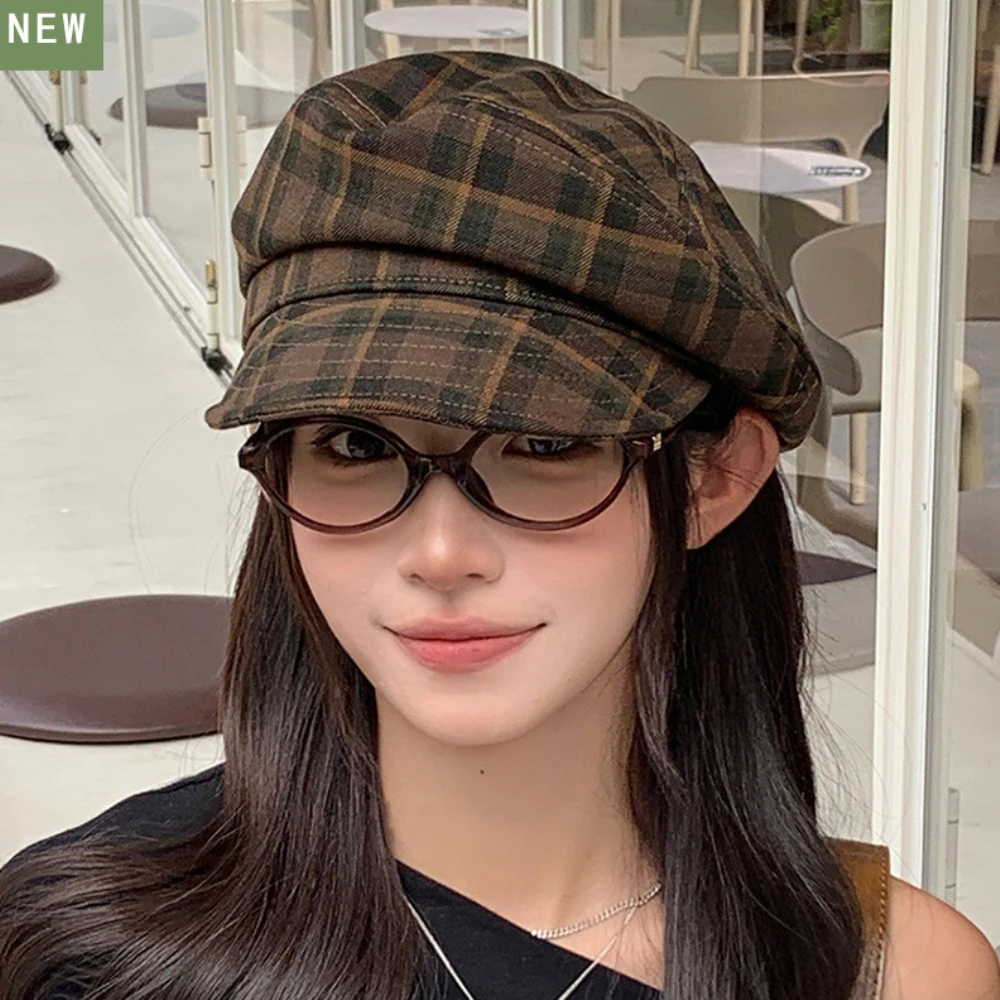 HT4425 Women Berets Vintage Flat Top Army Captain Cap Retro Plaid Artist Painter Beret Hat Ladies Spring Autumn Caps for Women image 5