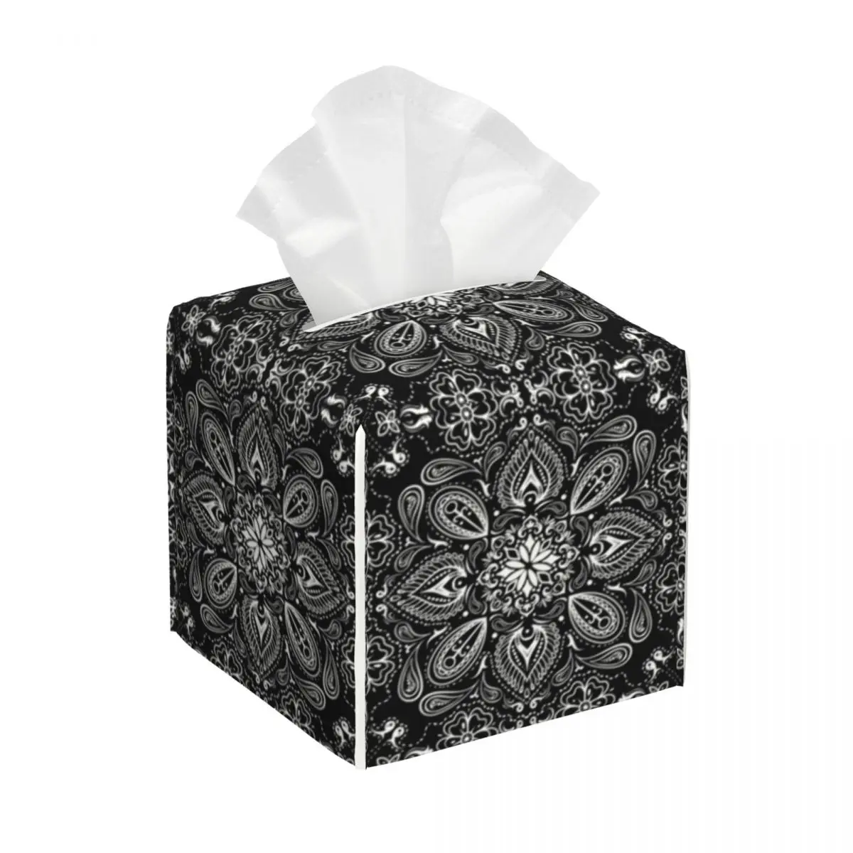 Custom Classic Bandana Style Black Tissue Box Cover Square Pu Lederen Paisley Pattern Facial Tissues Houder Voor Auto