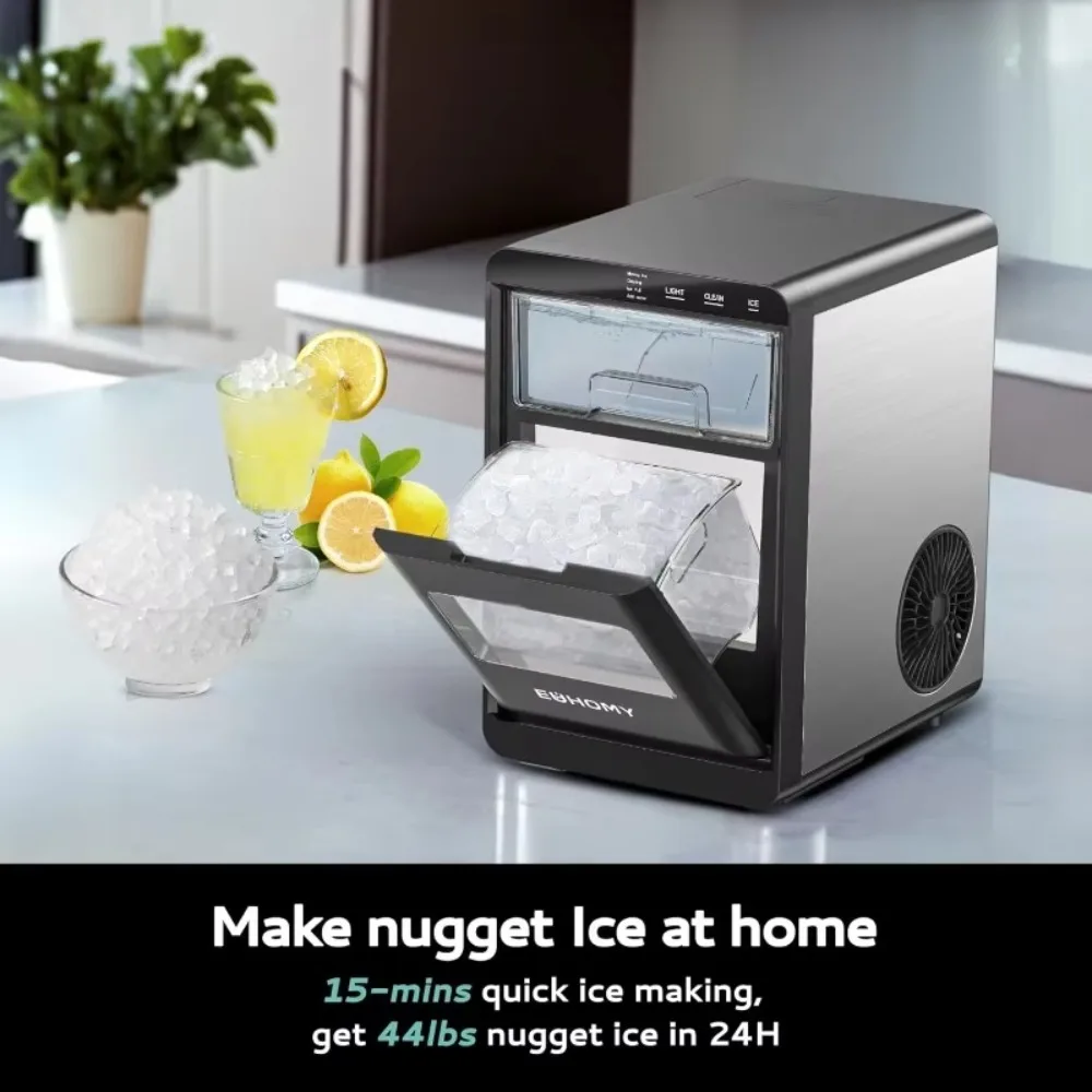 Nugget Ice Maker Countertop,44Lbs/24H Pebble Machine, Self-Cleaning Pellet Ice Machine with Ice Scoop&Basket