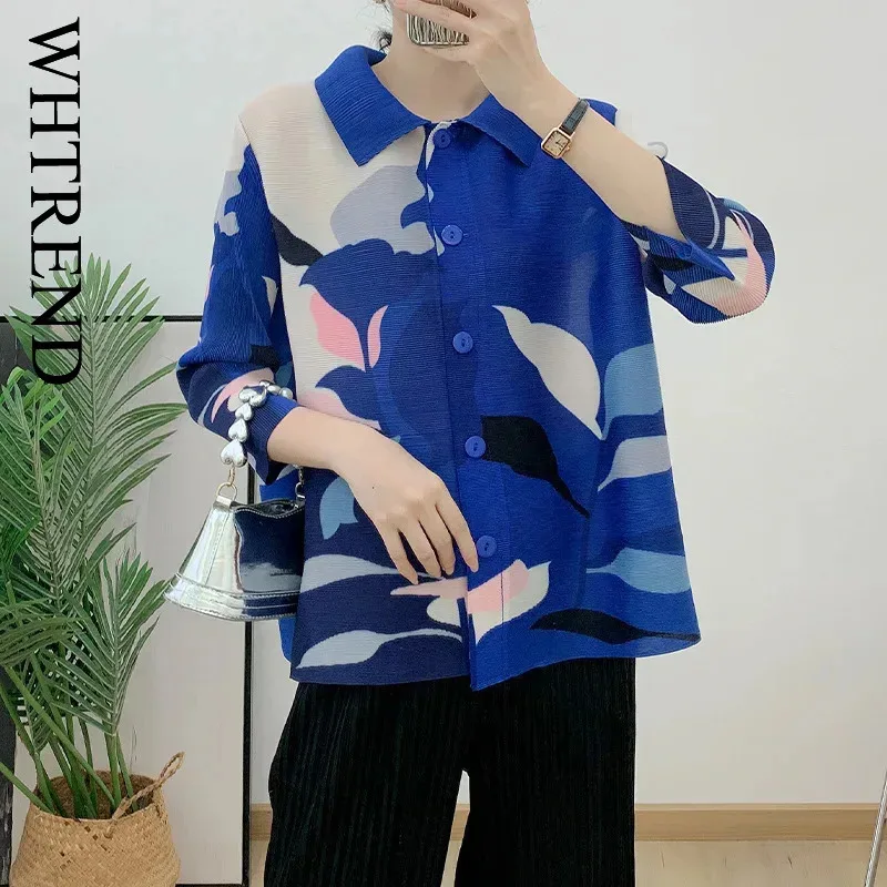 

WHTREND плиссированные рубашки с принтом для женщин, осенняя новая свободная универсальная однобортная рубашка с отложным воротником WH1187