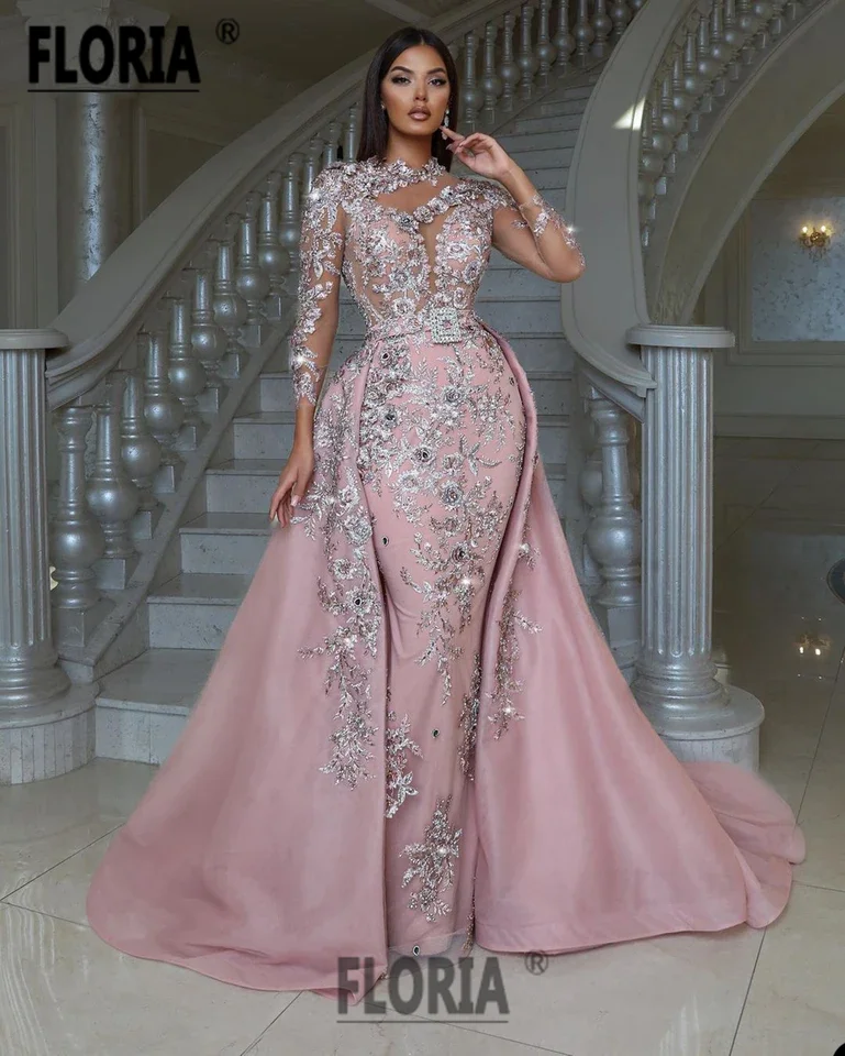 Prachtige Dubai Mermaid Avondjurken Bloemen Kant Applicaties Wedding Partij Jassen Arabië Formele Gelegenheid Jurk Robe De Soiree