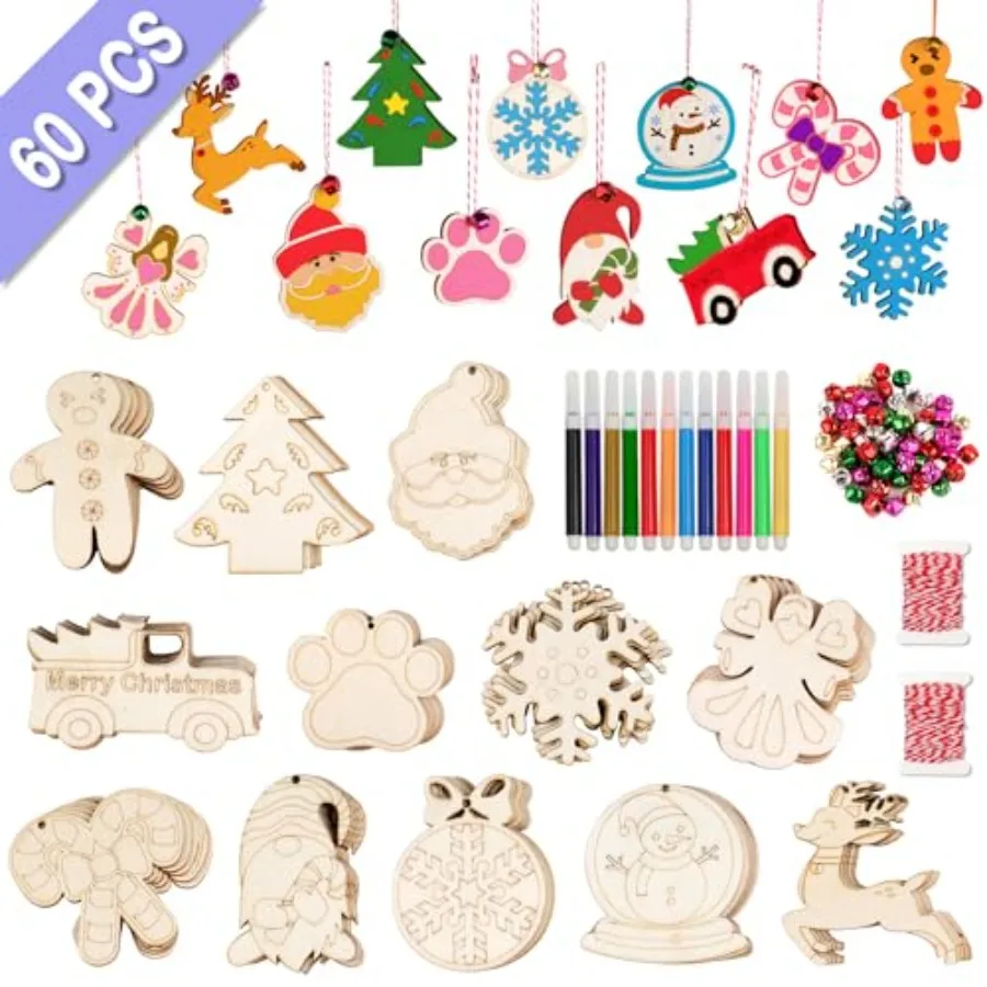 60개 나무 크리스마스 장식품 12가지 스타일 미완성 나무 조각 장식품 DIY 크리스마스 장식 세트 벨 포함 컬러 마커