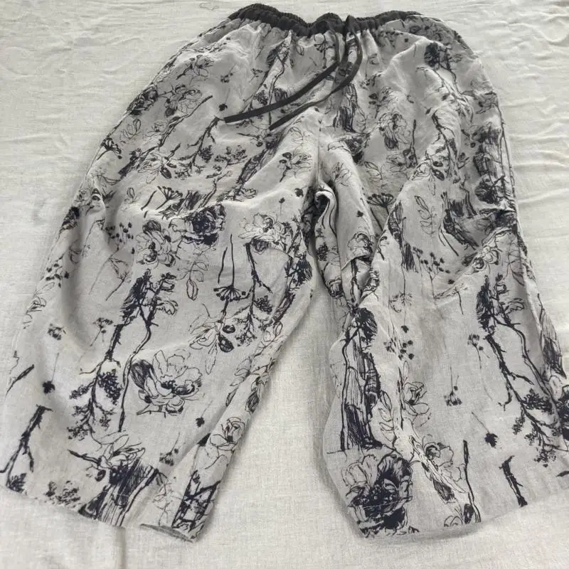 

New Spring Summer Arts Style Linen Casual Loose Length Pants Women Elastic Waist Vintage Print Wide Leg Pants Good Quality ET01