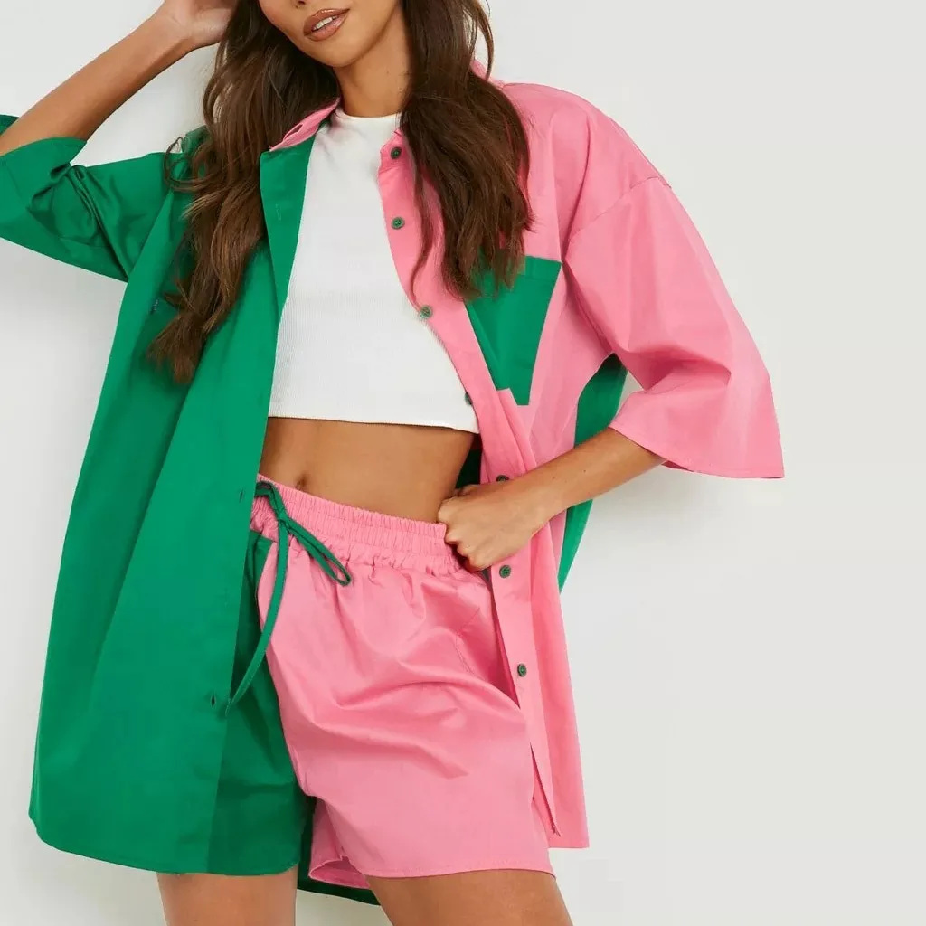 

Casual Color Block 2 Pieces Set Women 2023 Summer Autumn Half Sleeve Loose Shirt and Elastic Wasit Shorts Suits Women Outfits