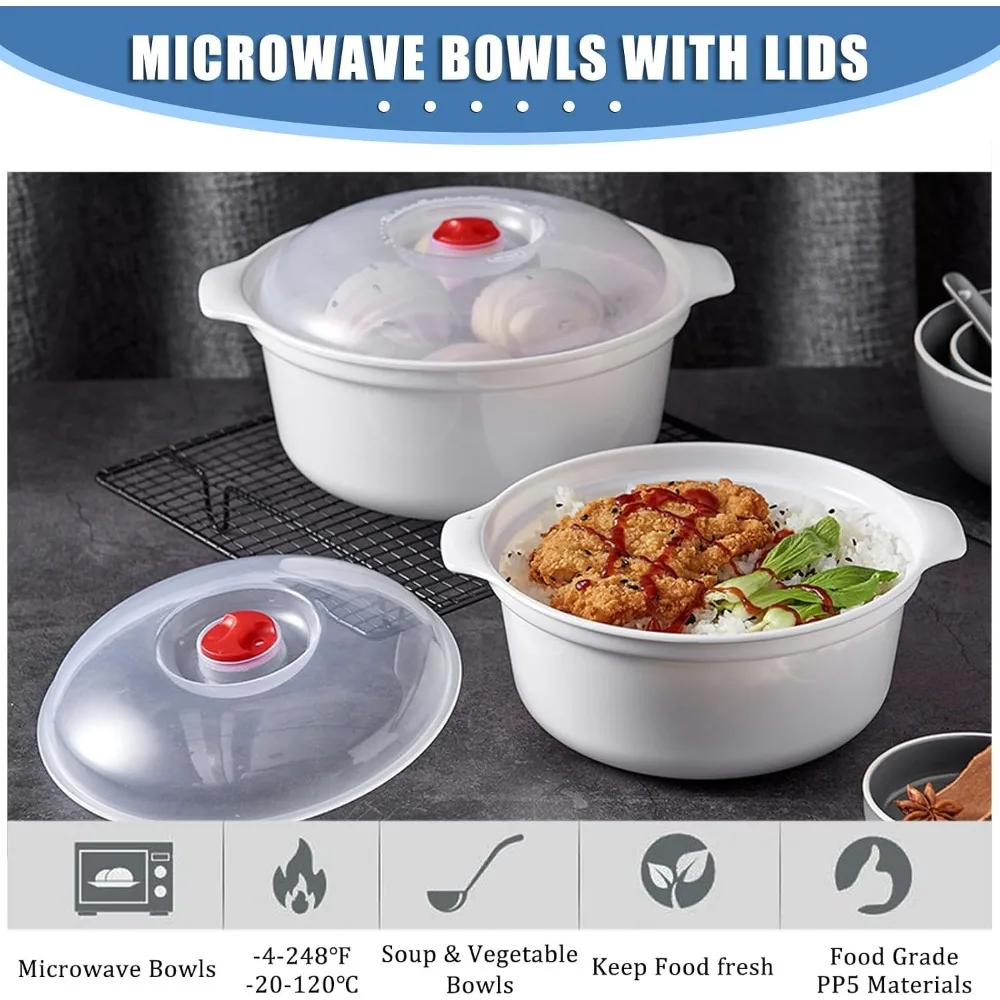 2.4 L Microwave Bowl with Lid Food Grade Plastic Microwavable Food Container with Vent Valve Handle for Soup Rice Food Storage