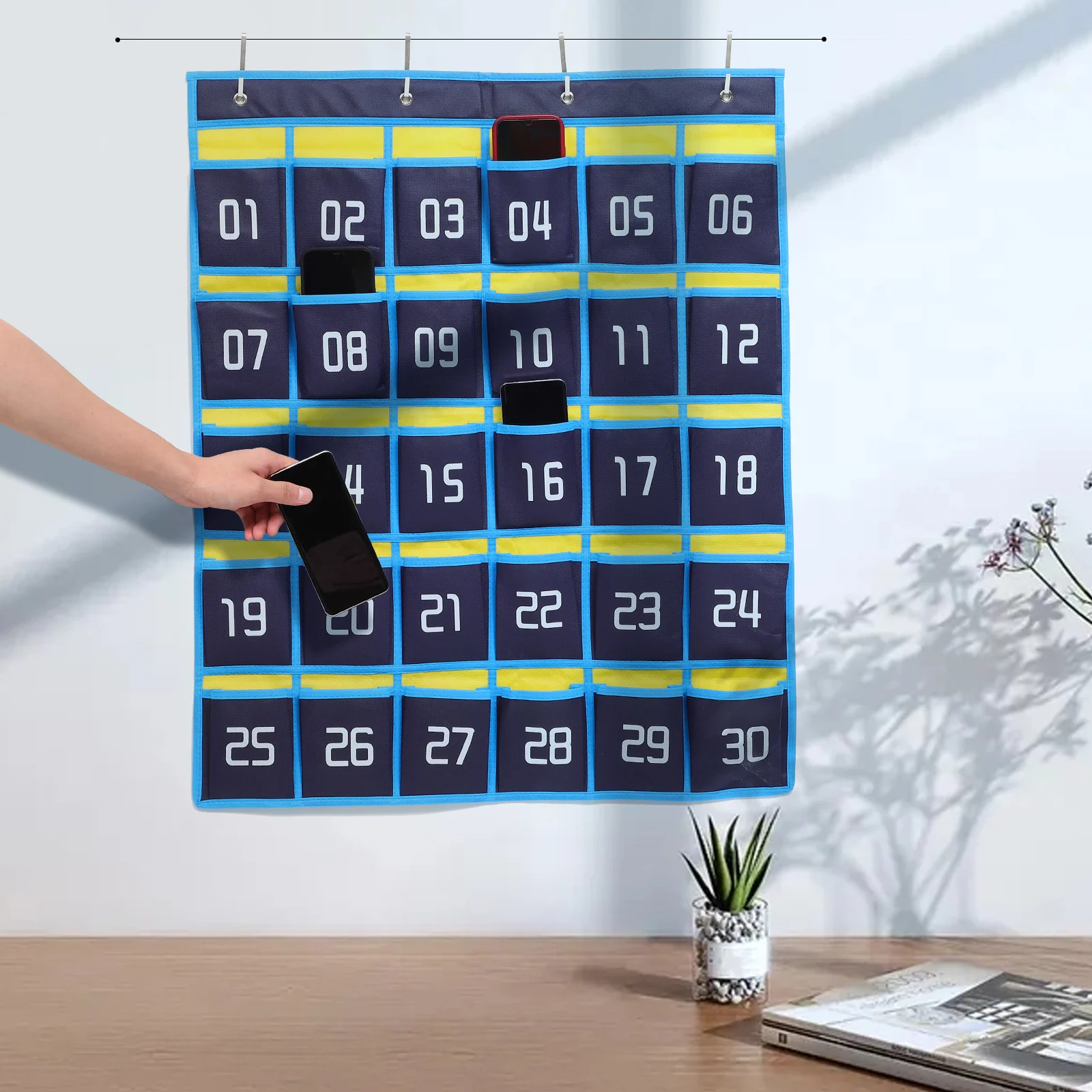 Blue and Yellow Classic Model 30 Grids + 4 Hooks Calculator Holder Classroom Phone Hanging Pocket Chart for Wall Jewelry Tray