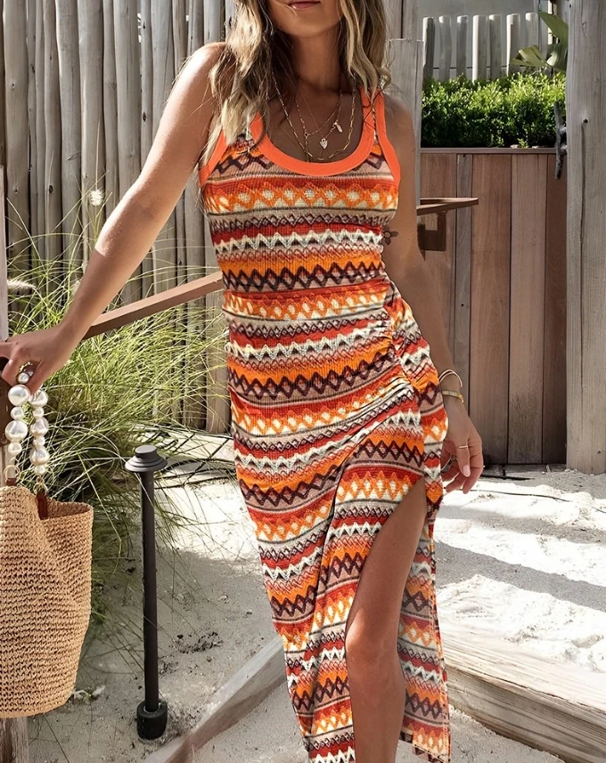 

Summer Fashion New Casual Personalized Hip Bag Geometric Chevron Pattern Slit Casual Dress Elegant Dresses for Women