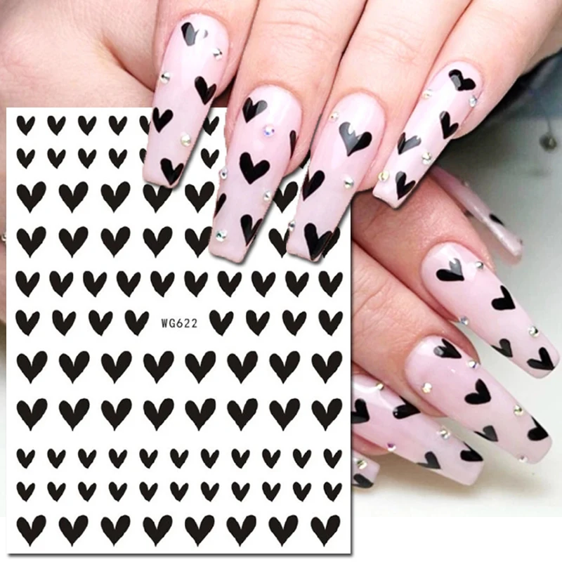 Autocollants 3D Laser Or Argent Rouge Noir Coeurs d'Amour, Décalcomanies Adhésives Nail Art, Décoration, Accessoires de Manucure