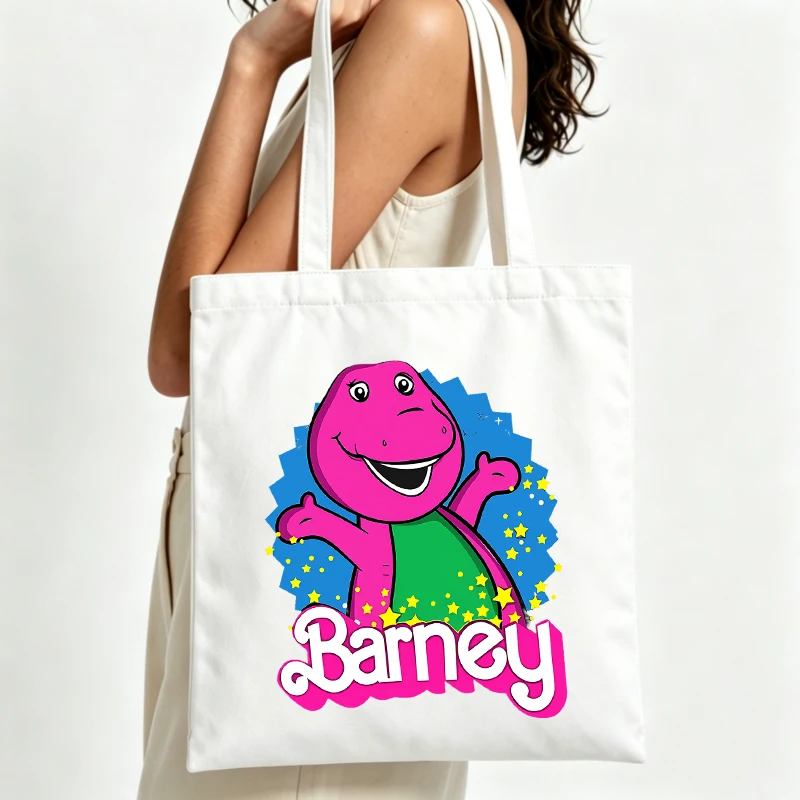 canvas tote bag with pink dinosaur graphic and letter print, casual style for daily shopping and outings