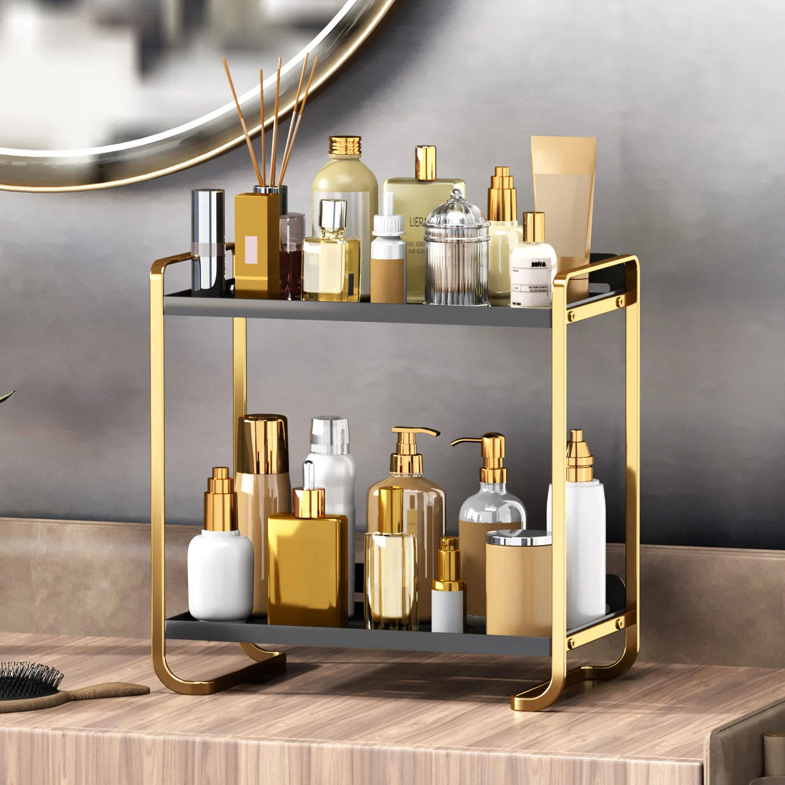 2 layers Desktop Cosmetic Storage Shelf Makeup Storage Rack Tray Luxury Anti-rust Holder Dressing Table Finishing Rack Organizer