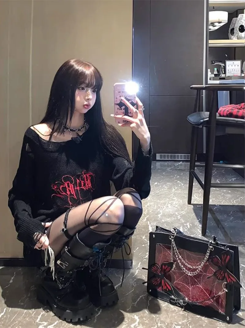 2025 New Japanese Summer Subculture Punk Dark Goth Y2k Hot Hollow Hole Loose Lazy Blouse Top For Women