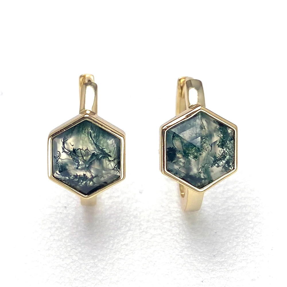 Trendy Natural Moss Agate Hoop Earring Sterling 925 Silver 18K Yellow Gold Gemstone 8mm for Women Birthday Party Jewelry Gift