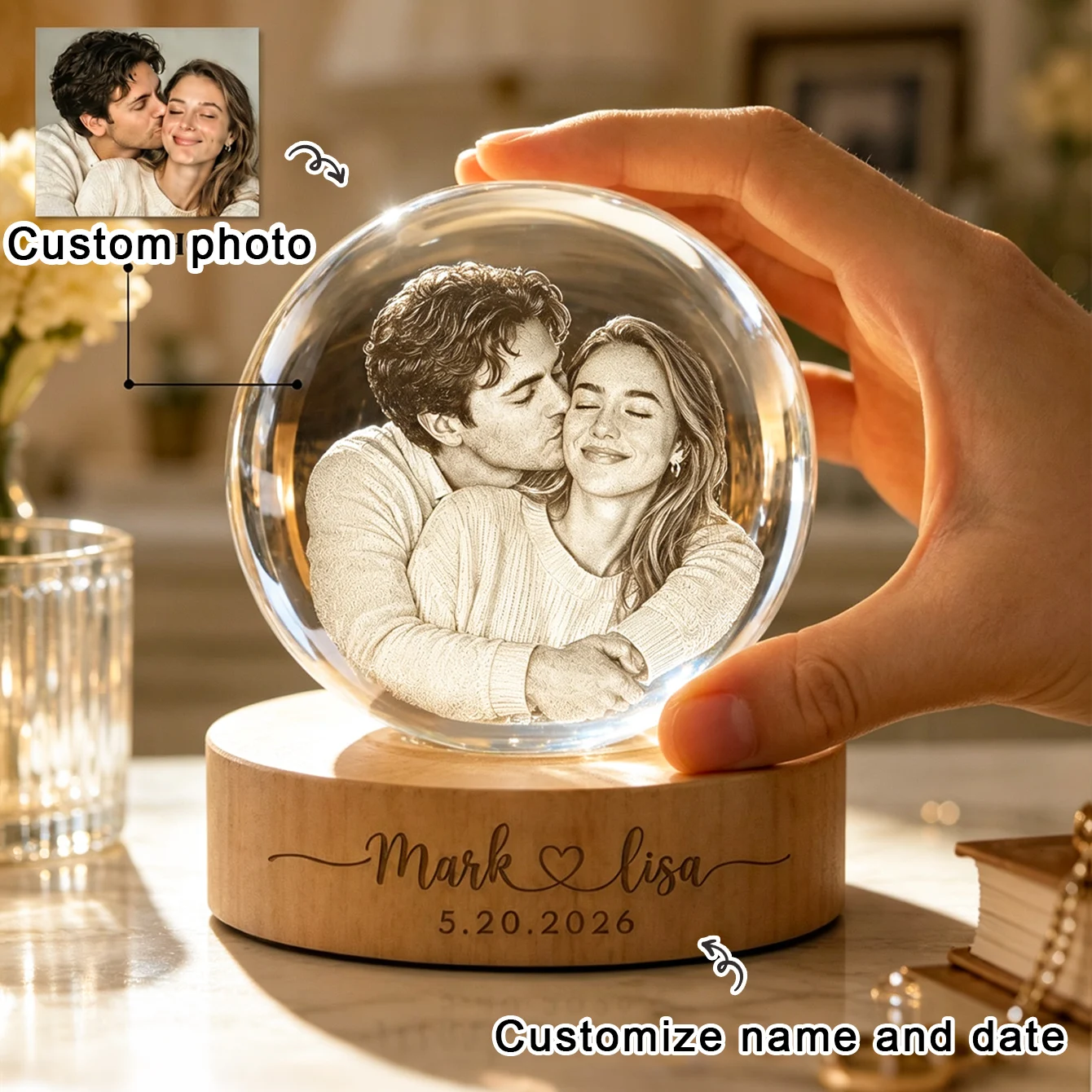 Personalized 3D Crystal Ball, Custom-Engraved with Photos and Text, Suitable for Anniversaries, Birthdays, Family Gifts, Wedding Gifts, Gifts for the Groom, Gifts for the Bride, Couple's Commemorative