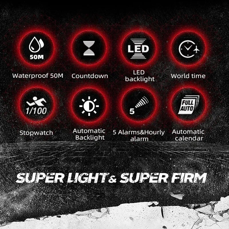 NORTH EDGE Leisure Men's Military Watch Digital Carbon Fiber Case For Man Waterproof 50MSports Watches World Time LED Wristwatch
