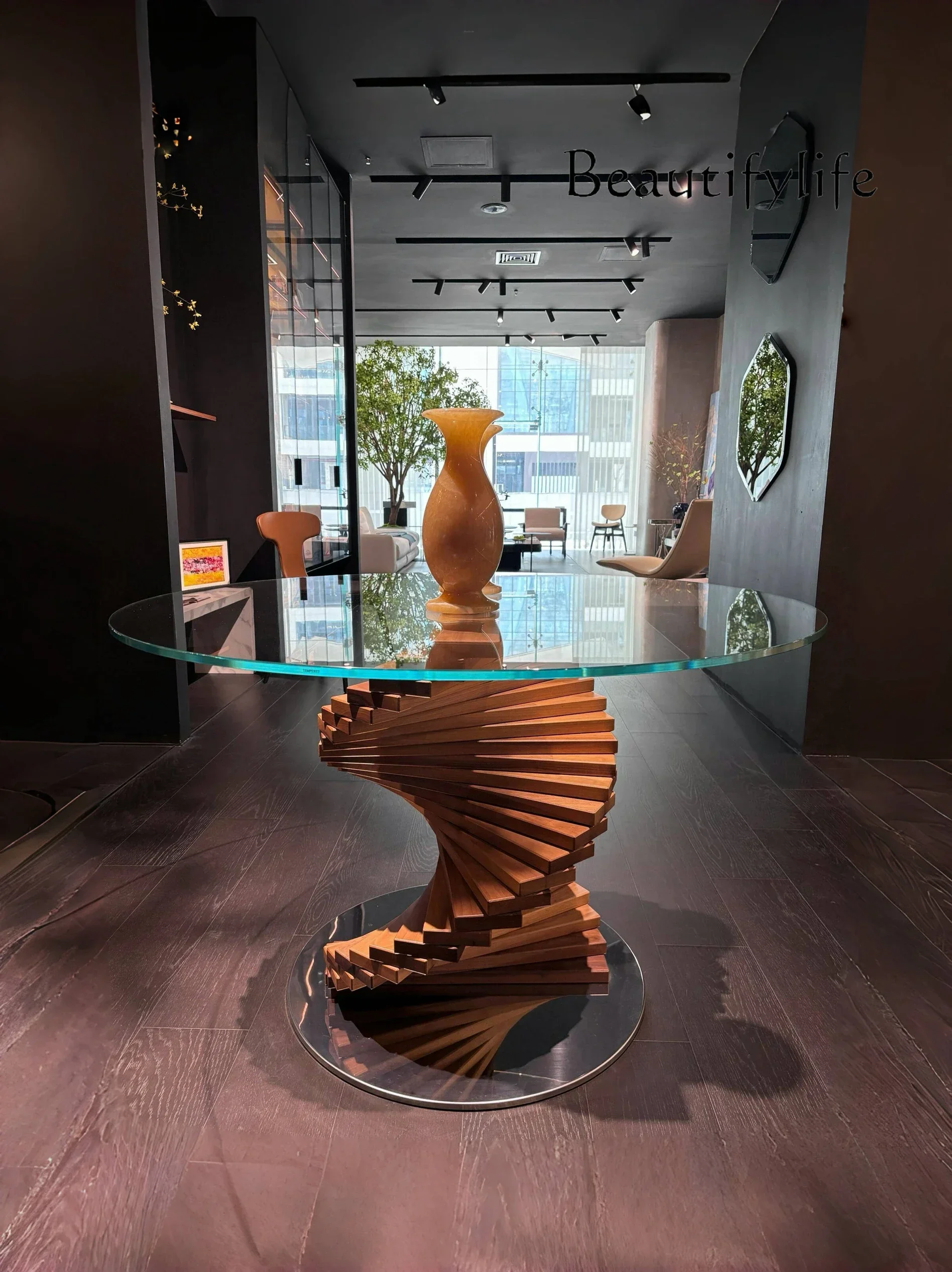 Q  Italian retro arc design tempered glass round table light luxury special-shaped ash solid wood rotating ladder dining table