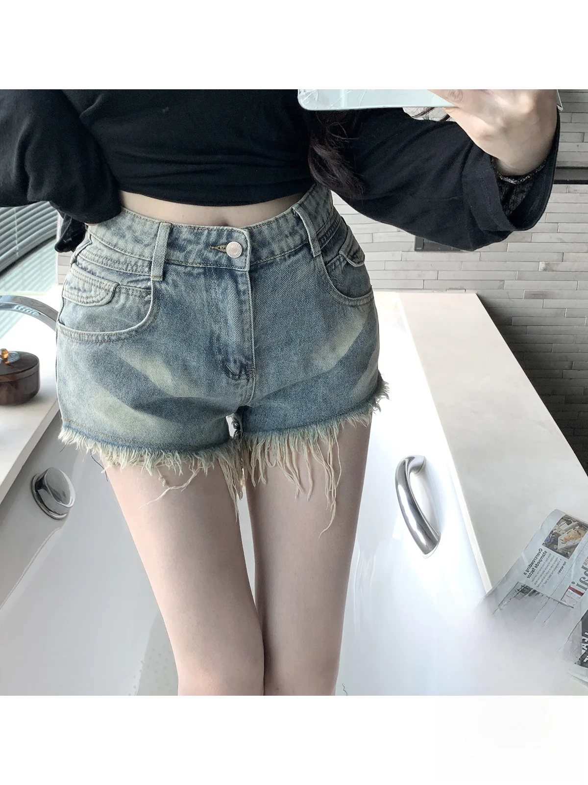 

Kubiliv Retro Frayed Lightweight High Waist Waed Denim orts American Hot Girl Hot Pants Summer Faion Ladies orts