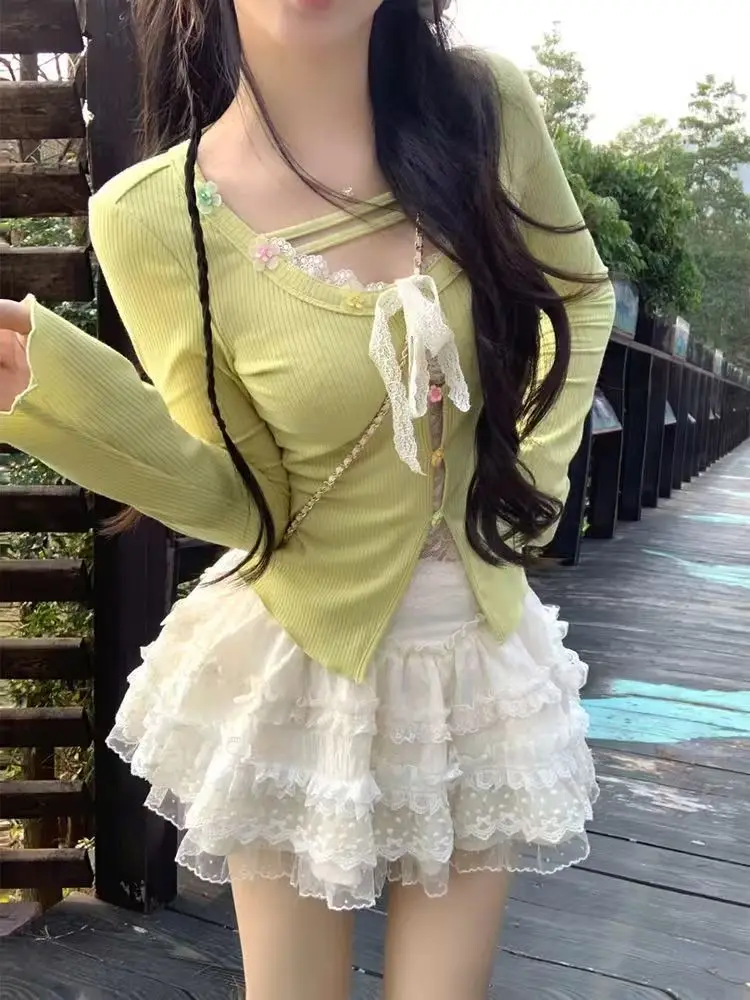 

Sweet Girl White Cake Skirt Set Hollow Long Sve Top High Waist f Skirt Spring Summer Faion Two-Piece Women's Outfit