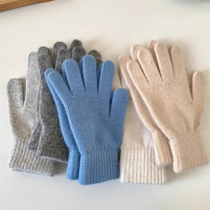 Premium Winter Rabbit Fur Warm Knitted Gloves Five Finger Touch Screen Korean Style Solid Color Wool Versatile Cold Proof