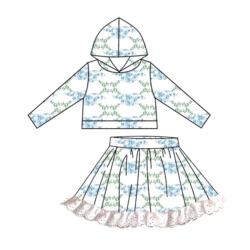 

Thanksgiving Blue Pumpkin Print Girls Hooded Long Sleeve Top Short Skirt Boutique Set Wholesale and Retail