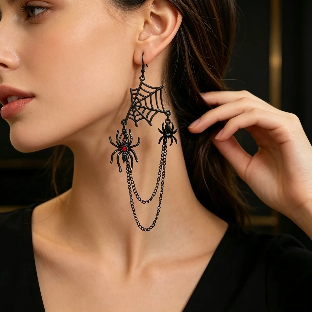 Dunkelschwarze Halloween-Spinnennetz-Ketten-Quasten-Ohrringe für Damen, Cosplay-Party, Insekten-Spinnennetz-Ohrringe, Gothic-Schmuck – Detail 9