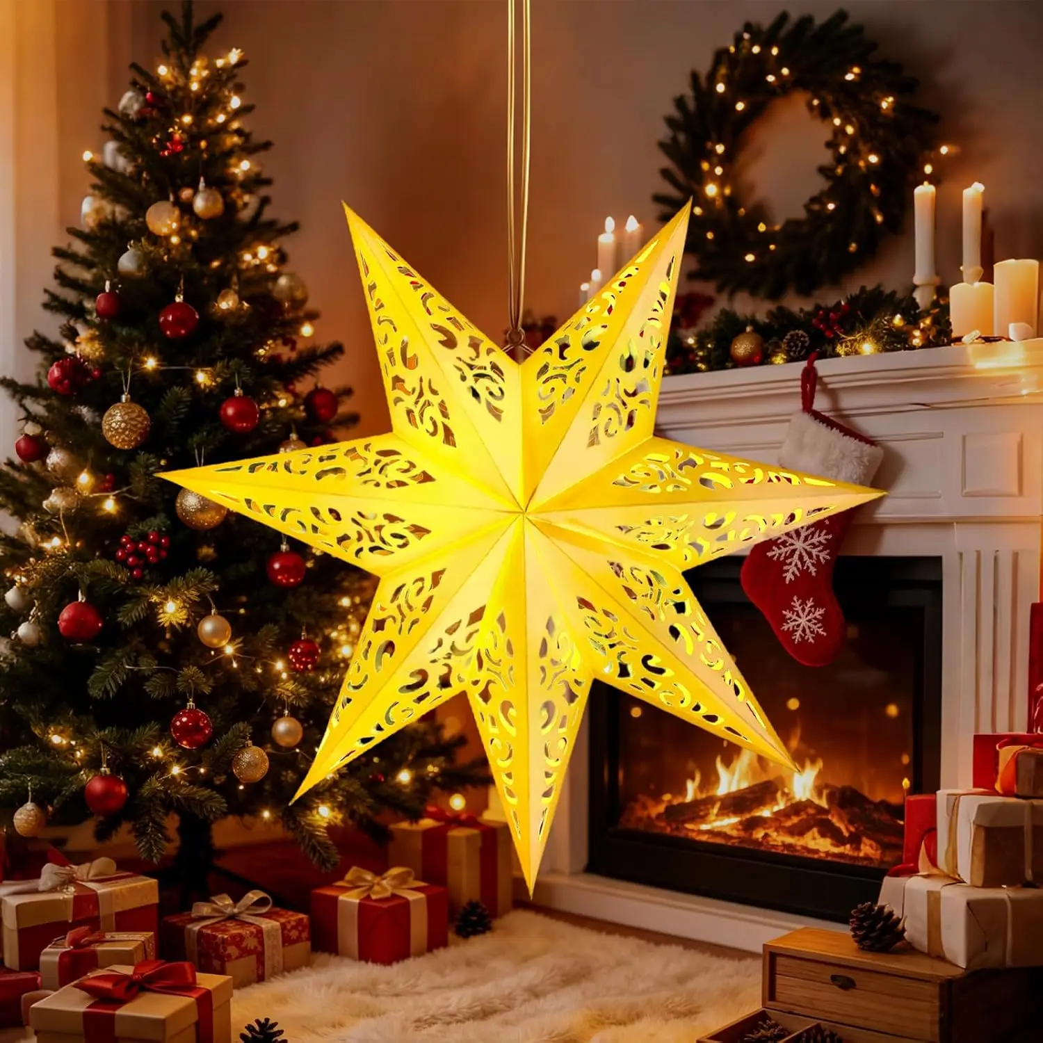 LED Christmas Star Night Lights Battery Powered Hanging 3D Luminous Paper Star for Christmas Window New Year 2027 Decoration