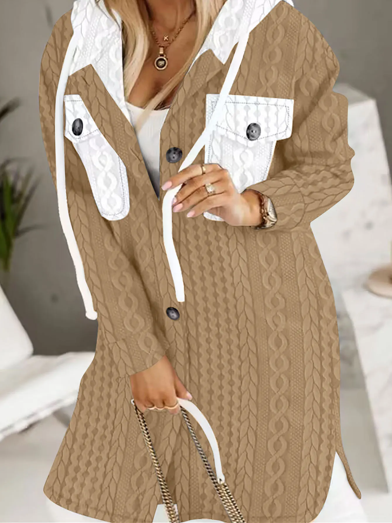 Cárdigans cálidos con capucha para mujer, abrigo informal de manga larga con bolsillo y botones, ropa de otoño e invierno, 2023