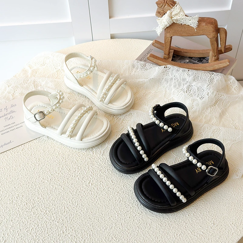 

Girls Summer Sandals with Pearls Beading Sweet Soft Sole Kids Princess Beach Shoes Open Toes Children Casual Sandals Size 26-35