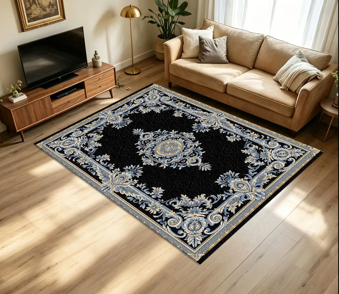 Luxury Black Background Blue Gold Baroque Carpet Flooring Classical Ornate Medallion Border Printed Floor Rug for Household Indoor Home Decoration