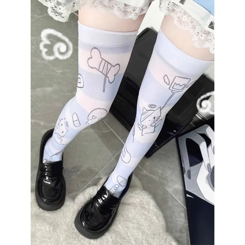 

Summer Girls Thin Sunscreen Stocking Kawaii Cartoon Printed Stocks Sexy White Cosplay Over Knee Stockings