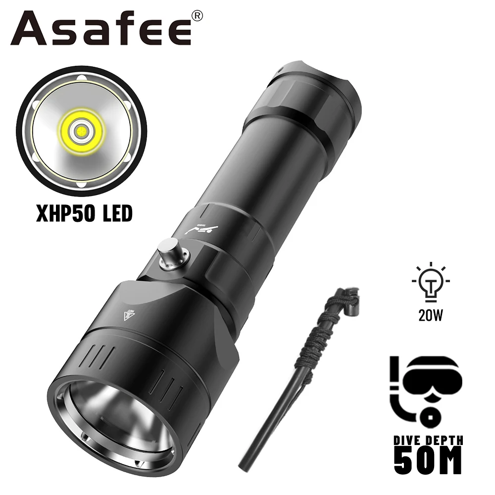 Asafee 50M Underwater Diving Flashlight XHP50 LED Light Magnetic Switch Torch IPX8 Waterproof Lantern 20W Power Lamp