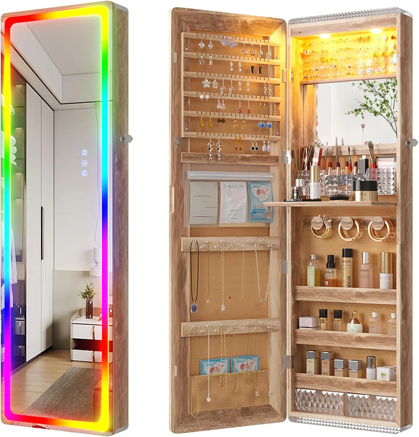 LED Mirror Jewelry Cabinet w/ RGB Lights,47.2