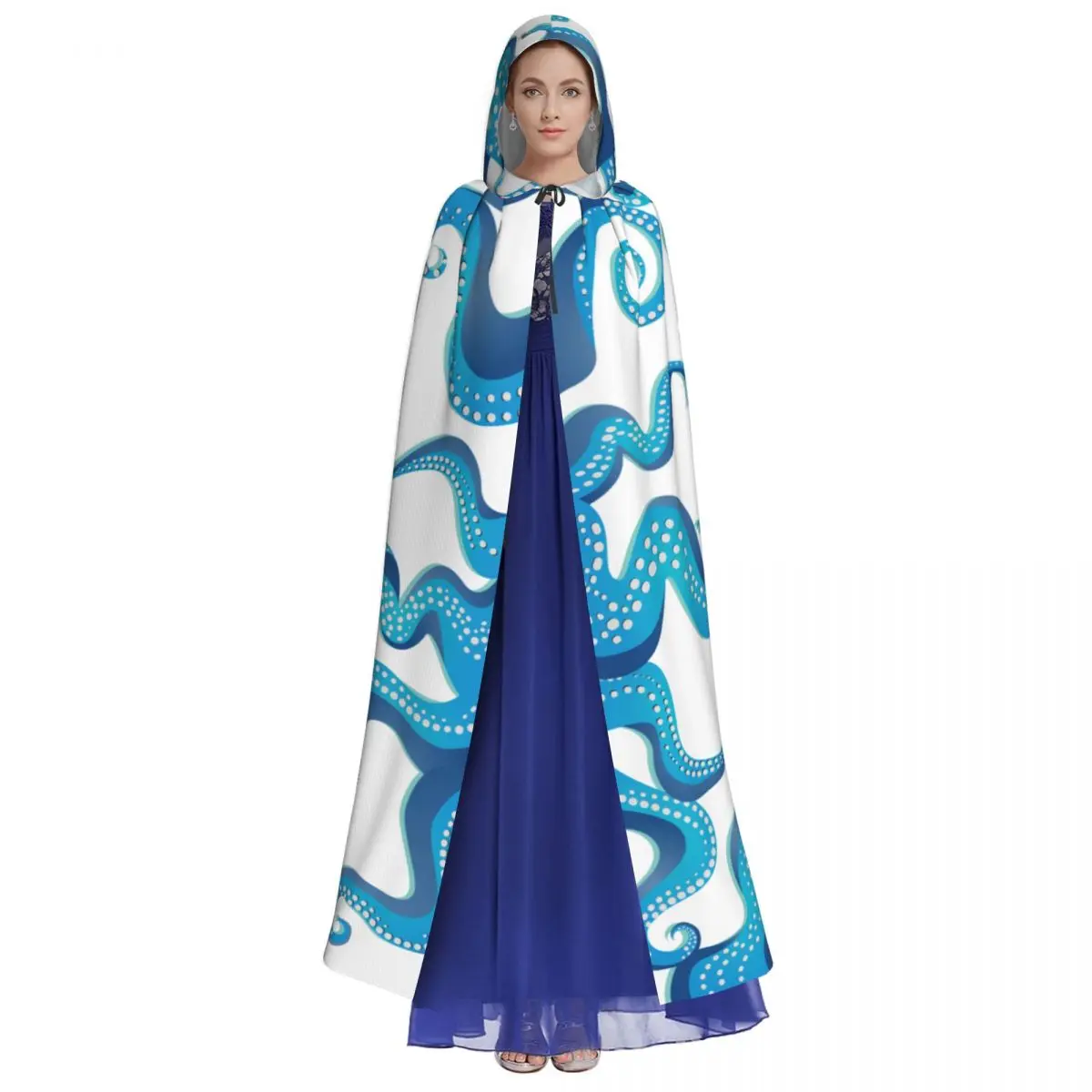 Blue And White Octopus Tentacles Frame Unisex Adult Cloak with Hood Long Witch Costume Cosplay