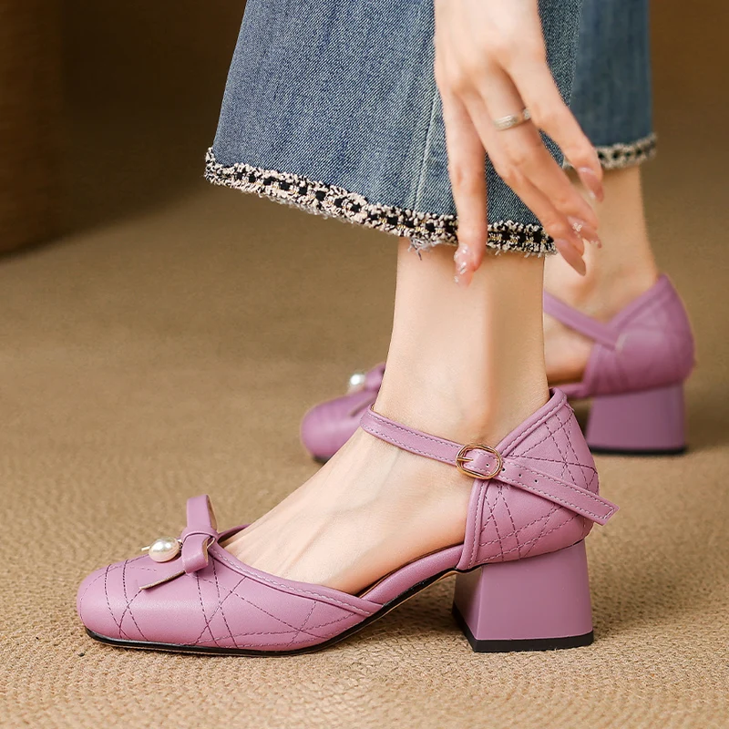 

New Purple Pink Blue Summer Ankle Strap Women Pumps Square Toe Sewing Lolita Bowties Medium Heels Party Shoes Chaussures Femmes