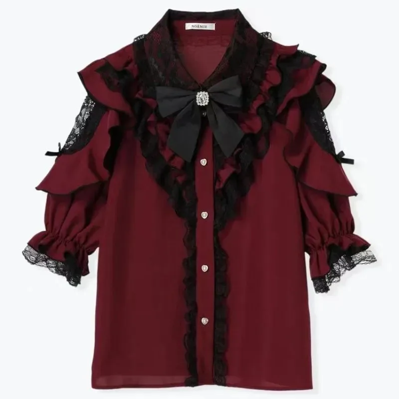 

New Y2K Cute Japanese Bow Lace Ruffles Off Shoulder Blouse Women Elegant Middle Sleeve Sweet Tops Casual Aesthetic Shirts
