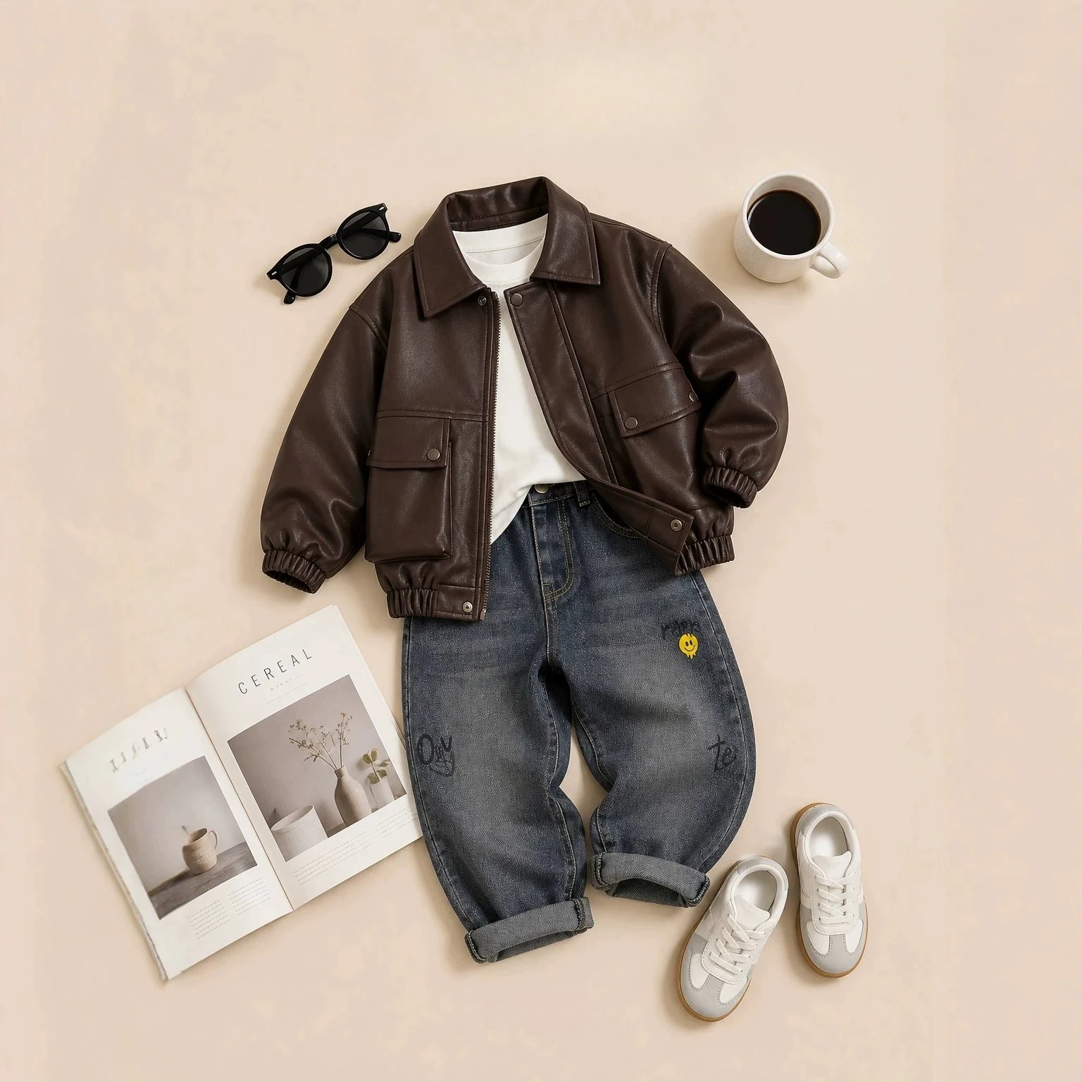 Autumn Set Men's Retro Lapel Single Breast Leather Jacket and Print Jeans Two Price Sets