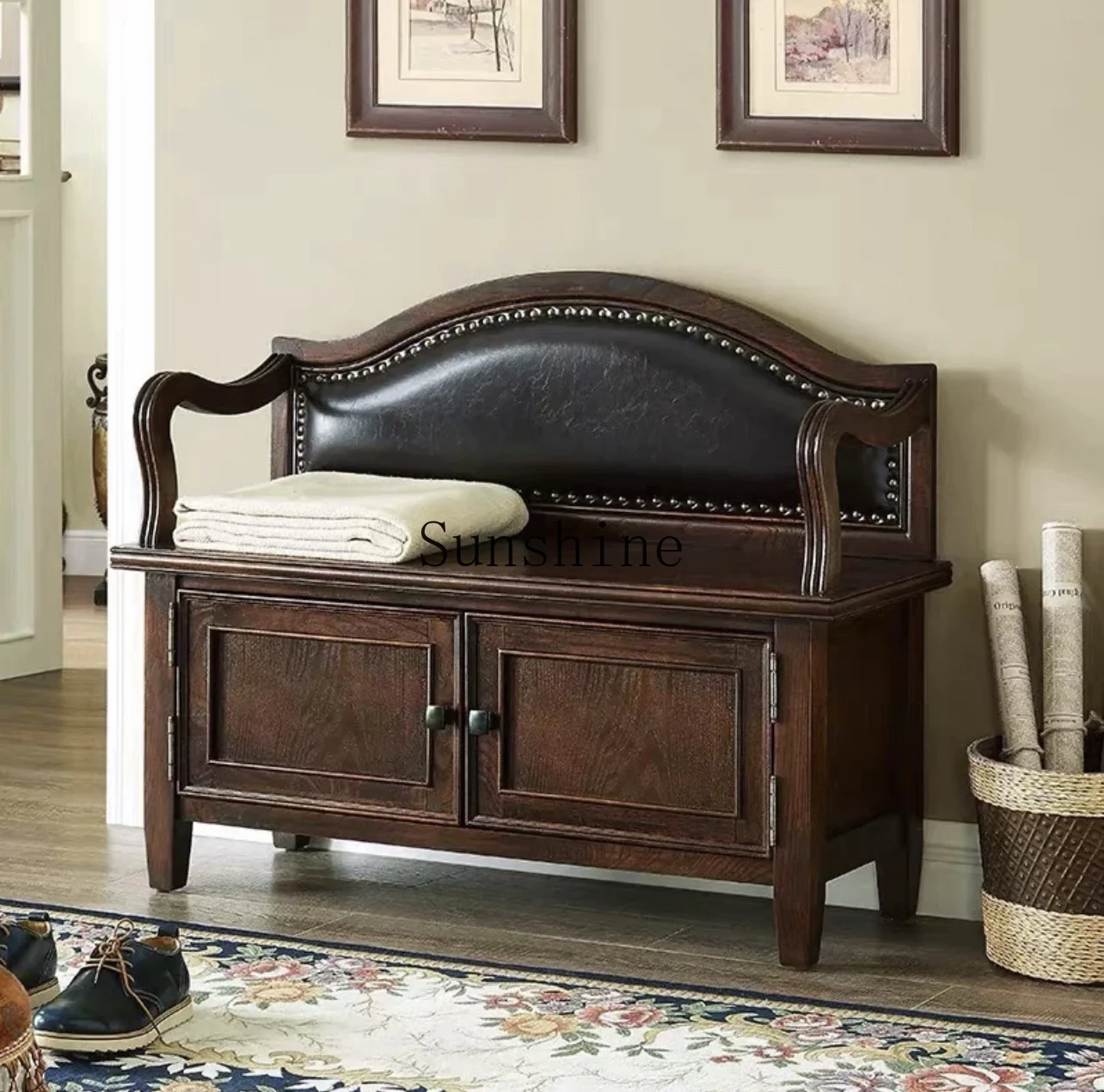 American solid wood shoe change stool with backrest drawer home door can sit shoe stool