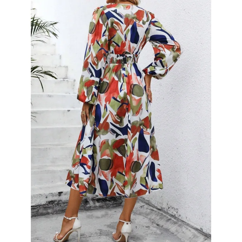 New Spring Women's Elegant 3D Colorful Halter Deep V-neck Long Sleeve Dress Temperament Commuting Female Fashion A-line Dresses