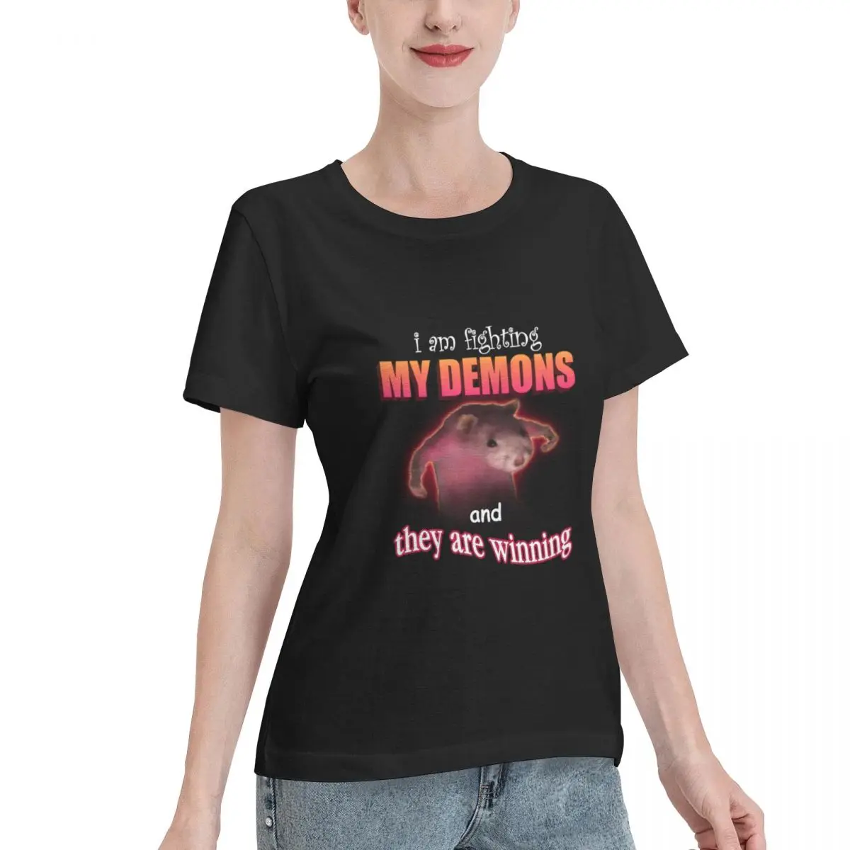 Free Matching I M Fighting My Demons And They Are Winning Word Art Meme Women's T-shirt Korean Casual Female Essential Clothing