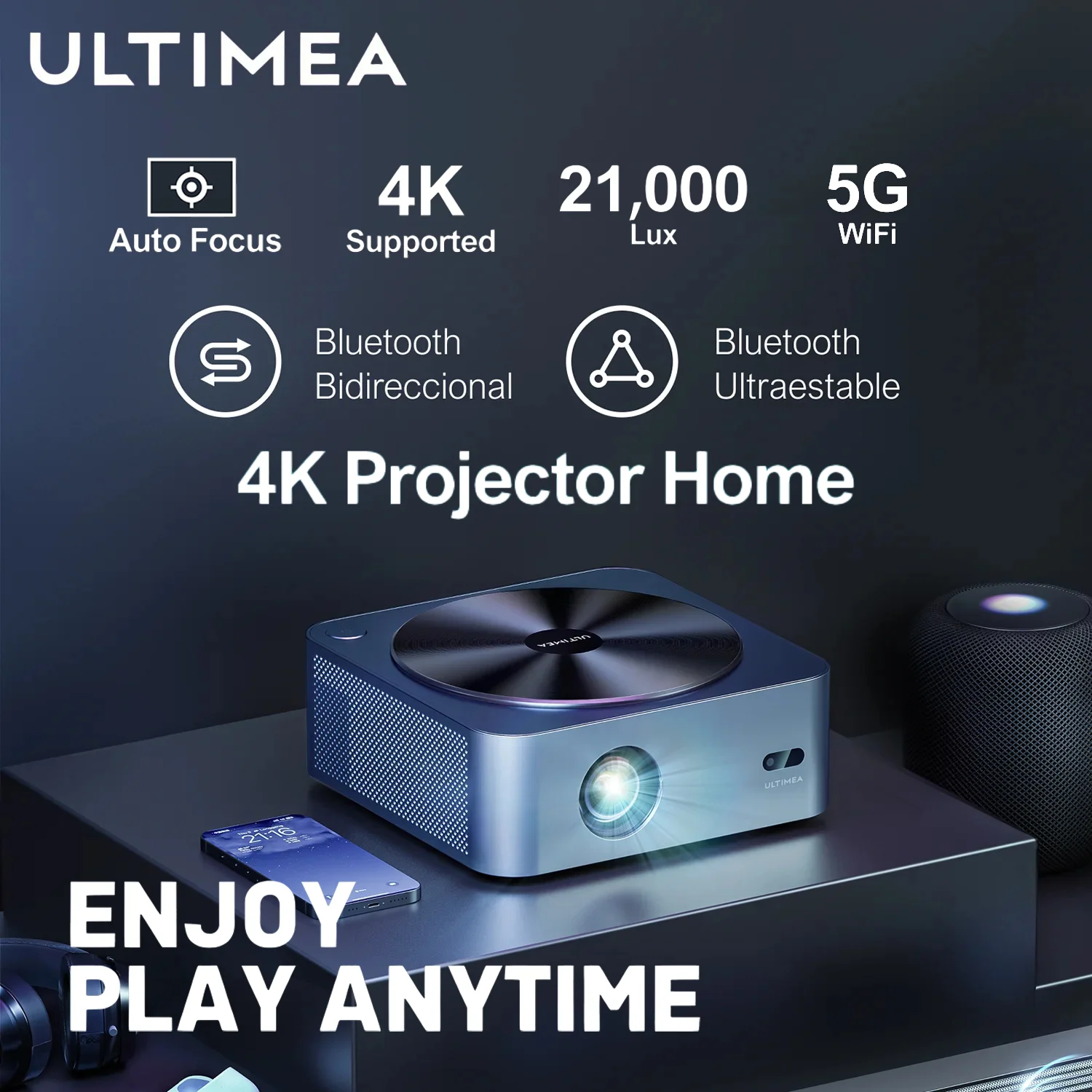 ULTIMEA Apollo P40 Native 1080P Full HD Projektor mit 4K-Unterstützung, Autofokus, Dual-Band WLAN, Smart Home Theater Projektor