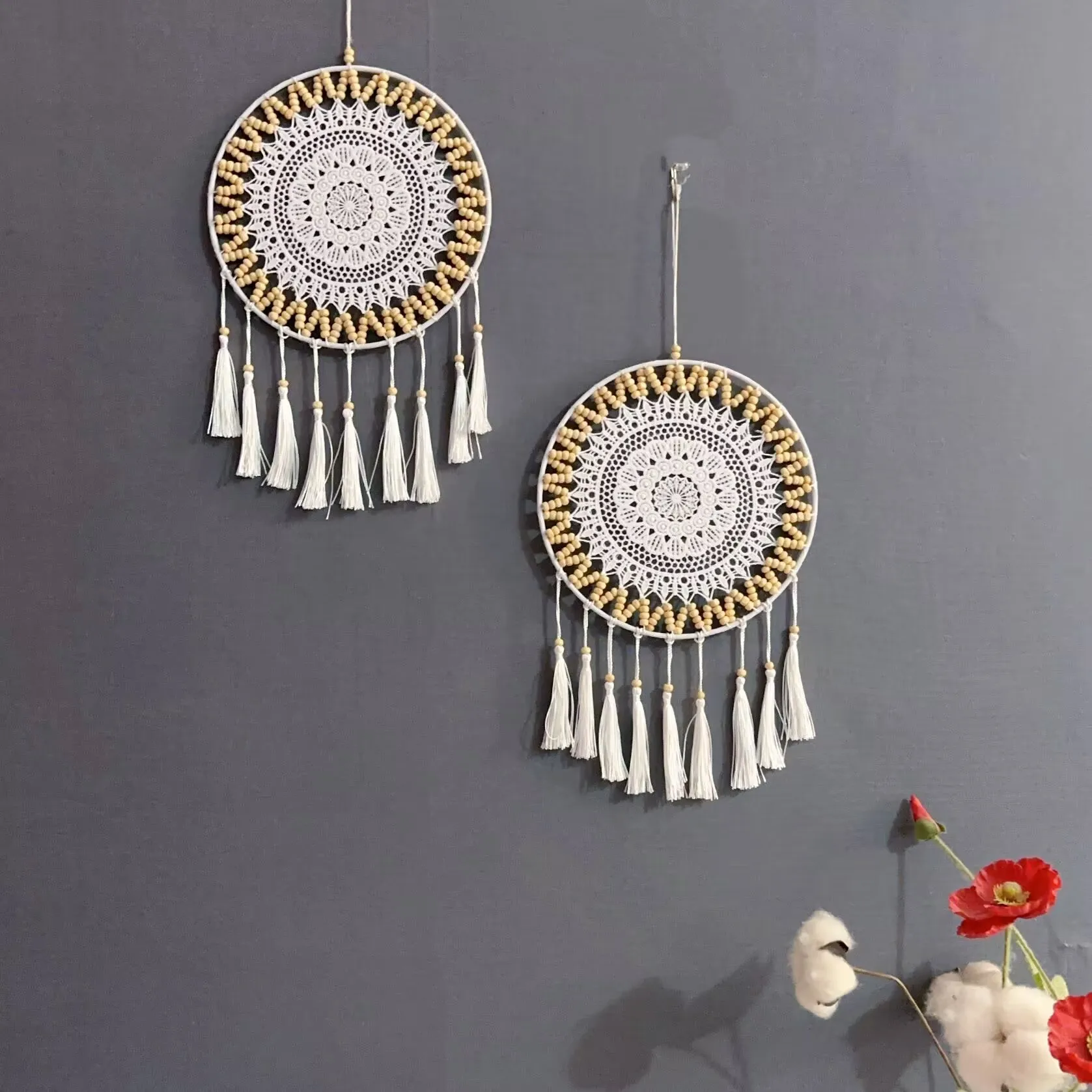 Handmade Dreamcatcher with Wooden Beads Tassel Handmade Crochet Wall Hanging Home Decor for Bedroom Wedding