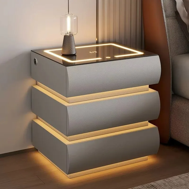 Hot Sale Modern Minimalist Solid Wood Nightstand with Ambient Light Wireless Charging Password Lock Bluetooth Speaker