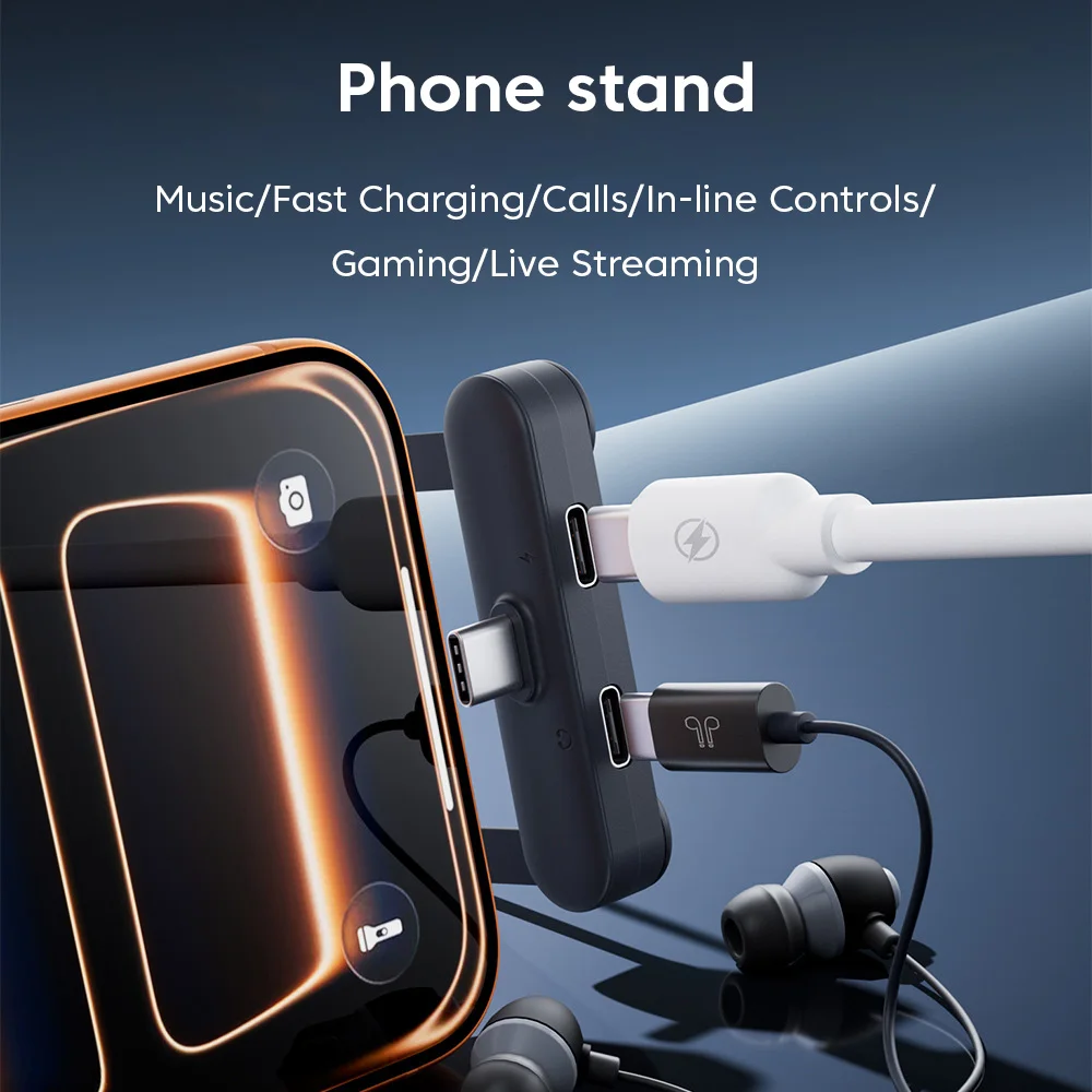 Dual Type C Headphone Adapter Folding Elbow Bracket Audio Charging Adapter Desktop Phone Stand Phone Charging OTG Connector