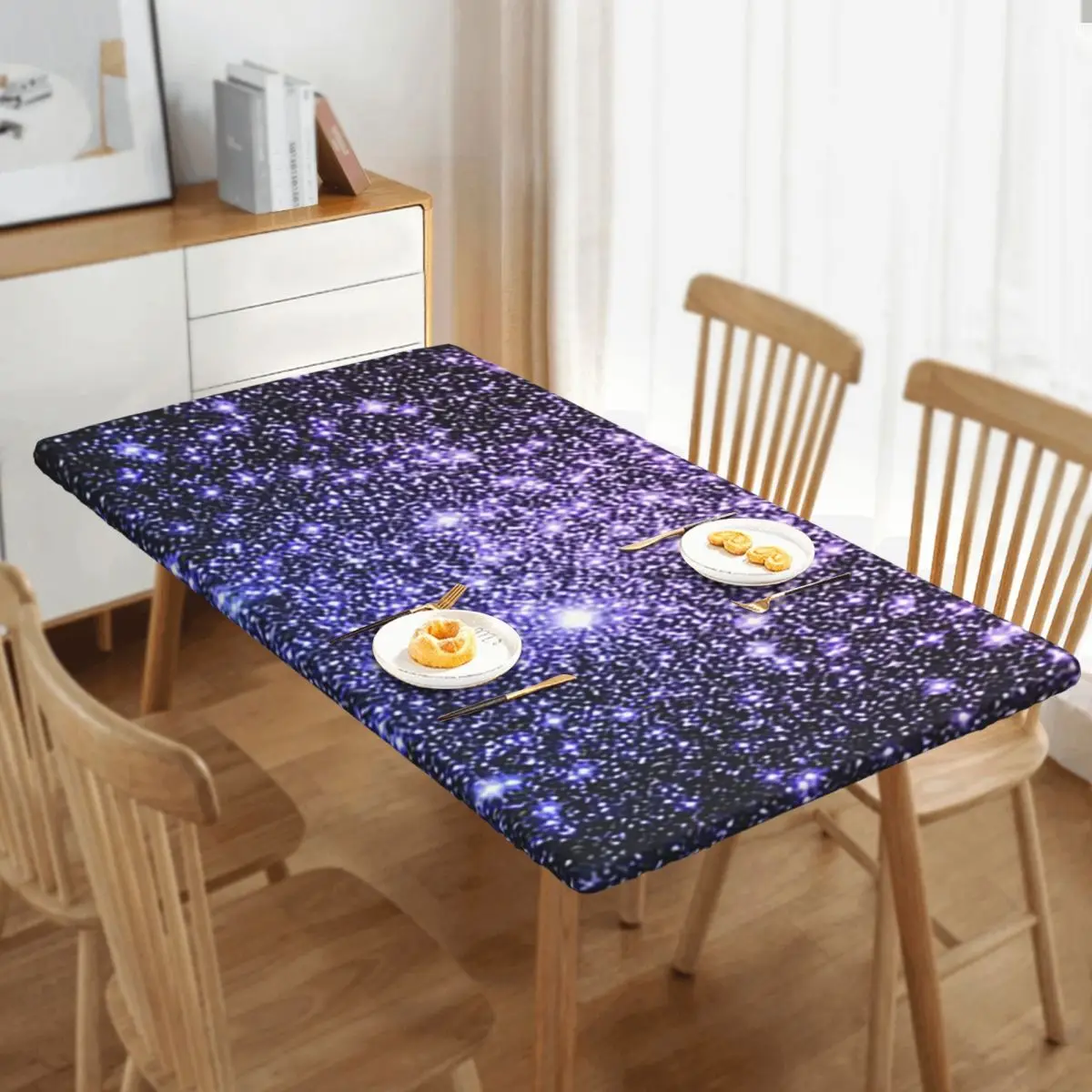 Galaxy Sparkle Stars Lavender Periwinkle Blue Ombre Custom Rectangular Tablecloth Waterproof Table Cover for Dining Table Cloth