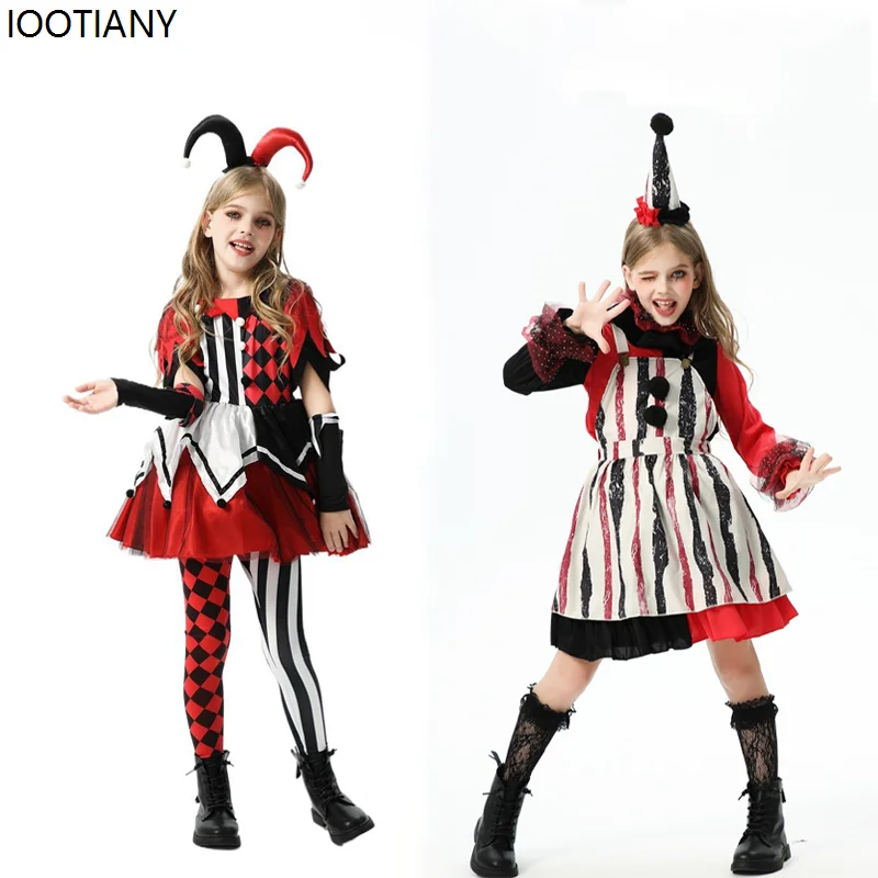 Kids Horror Clown Cosplay Costume Girls Funny Clown Fancy Dress Halloween Cosplay Suits Carnival Party Stage Show Dress With Hat